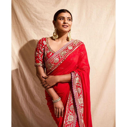 Gopi Vaid Red Golconda Vidhie Saree with Stitched Blouse