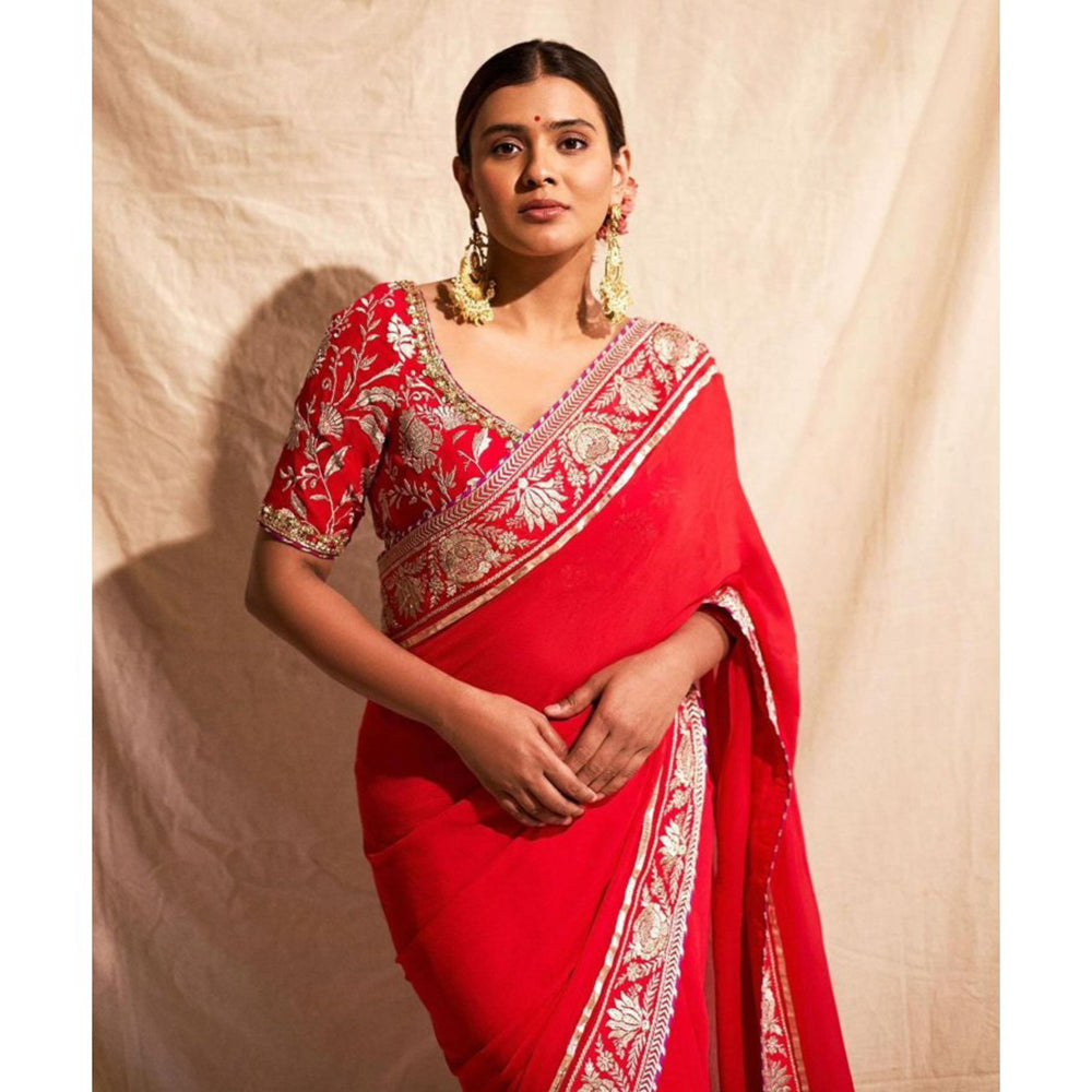 Gopi Vaid Red Golconda Vidhie Saree with Stitched Blouse