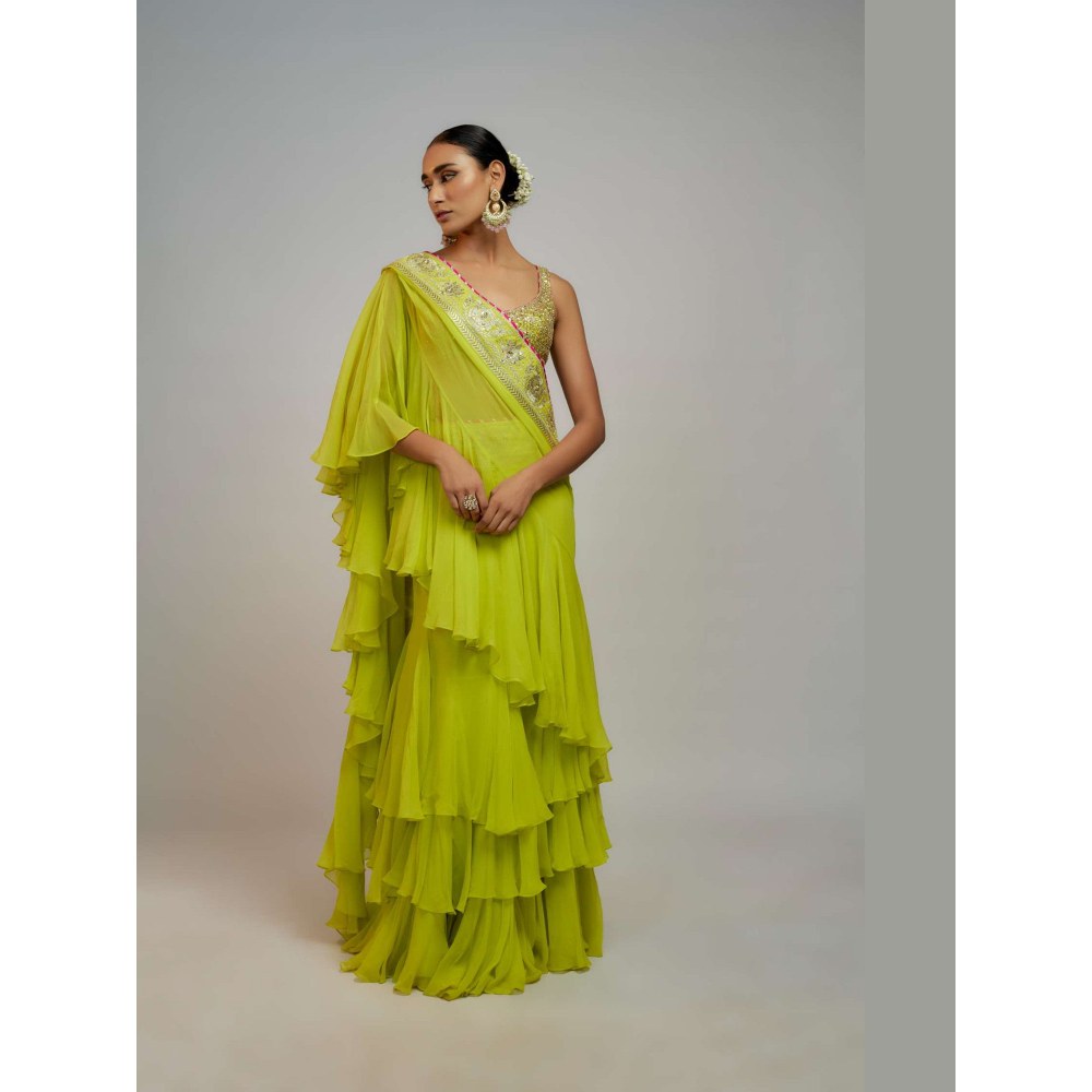 Gopi Vaid Green Golconda Absar Pre-Draped Saree with Stitched Blouse