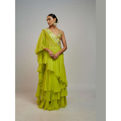 Gopi Vaid Green Golconda Absar Pre-Draped Saree with Stitched Blouse