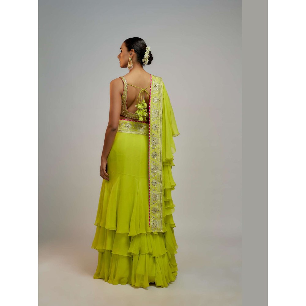 Gopi Vaid Green Golconda Absar Pre-Draped Saree with Stitched Blouse