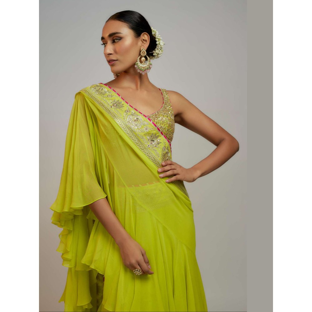 Gopi Vaid Green Golconda Absar Pre-Draped Saree with Stitched Blouse