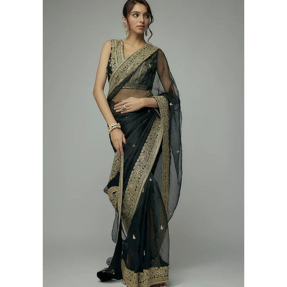 Gopi Vaid Black Golconda Maahi Organza Saree with Stitched Blouse