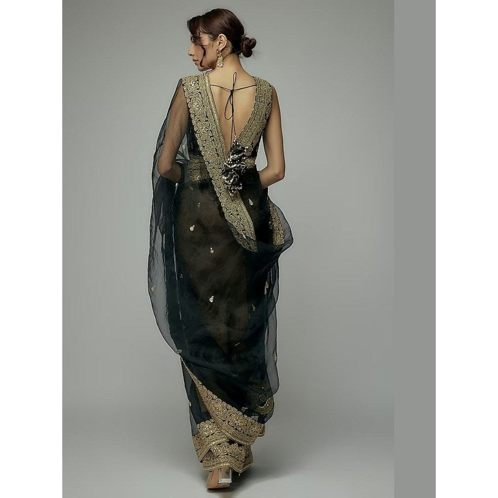 Gopi Vaid Black Golconda Maahi Organza Saree with Stitched Blouse