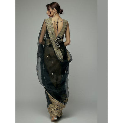 Gopi Vaid Black Golconda Maahi Organza Saree with Stitched Blouse