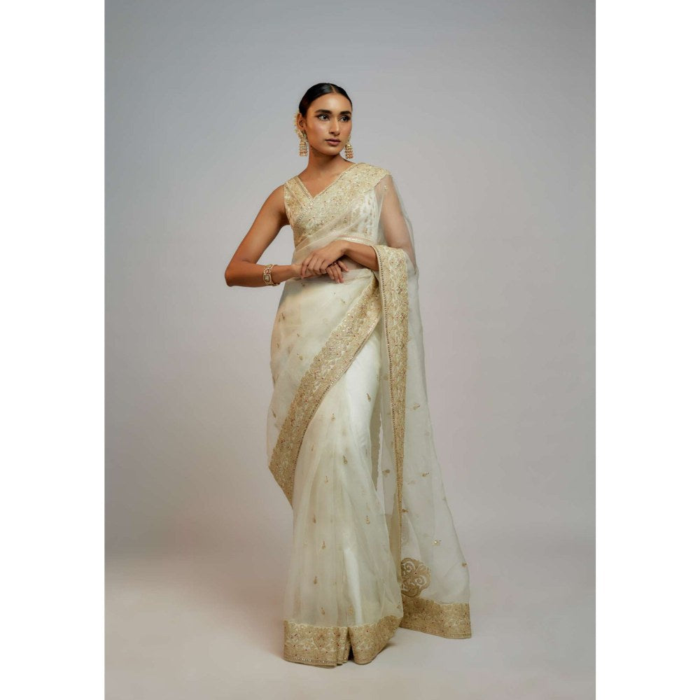 Gopi Vaid White Golconda Maahi Organza Embroidered Saree with Stitched Blouse