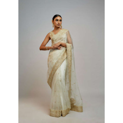 Gopi Vaid White Golconda Maahi Organza Embroidered Saree with Stitched Blouse