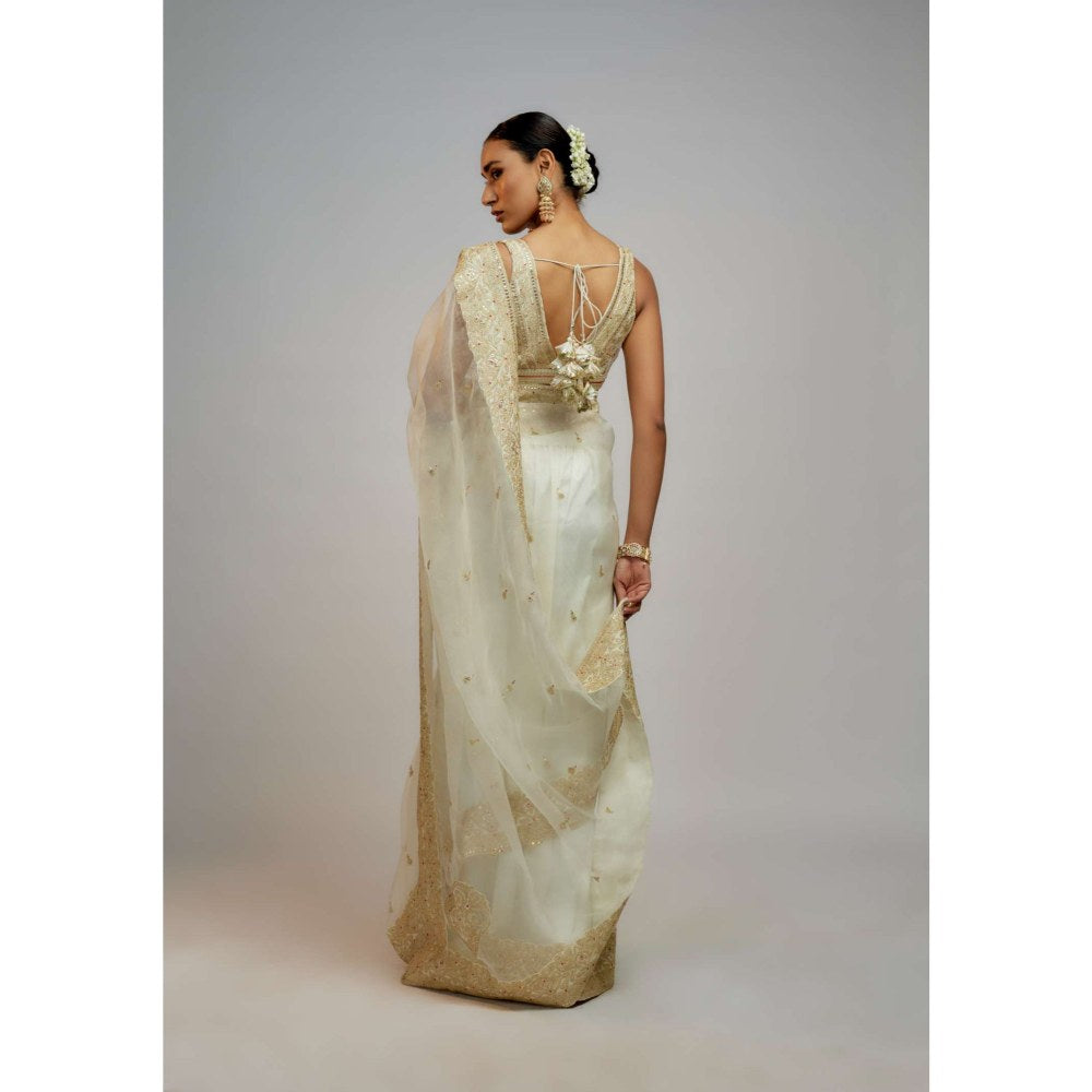 Gopi Vaid White Golconda Maahi Organza Embroidered Saree with Stitched Blouse