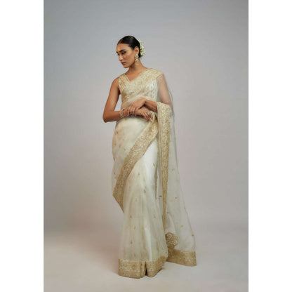 Gopi Vaid White Golconda Maahi Organza Embroidered Saree with Stitched Blouse