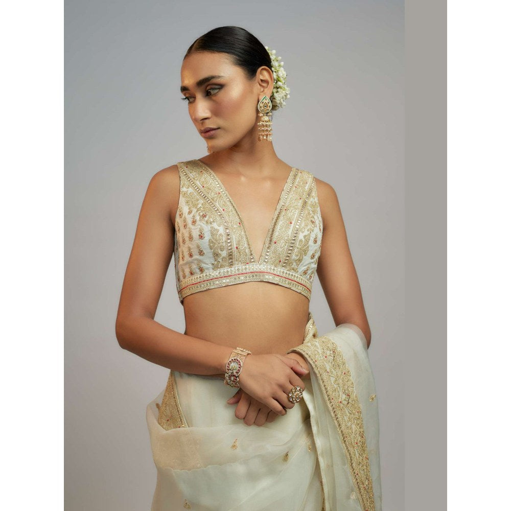 Gopi Vaid White Golconda Maahi Organza Embroidered Saree with Stitched Blouse