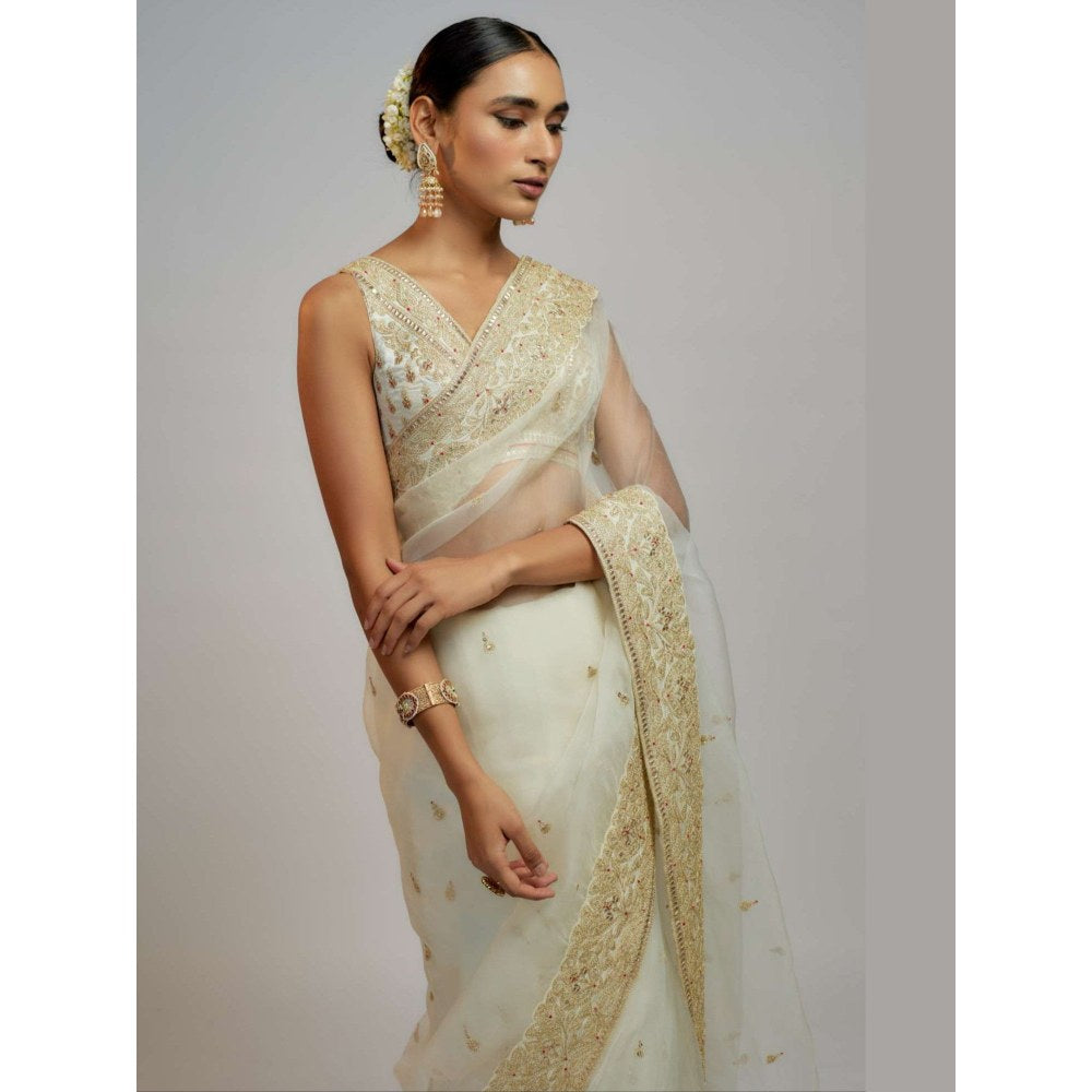 Gopi Vaid White Golconda Maahi Organza Embroidered Saree with Stitched Blouse