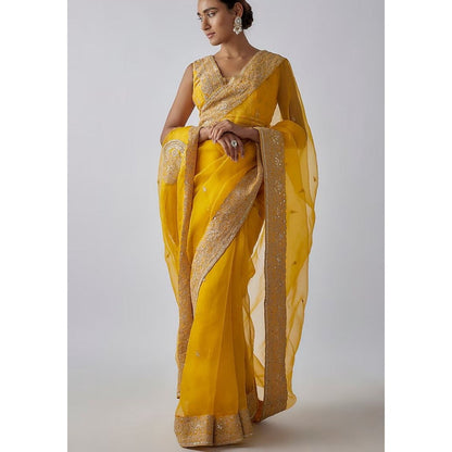 Gopi Vaid Yellow Golconda Maahi Organza Saree with Stitched Blouse