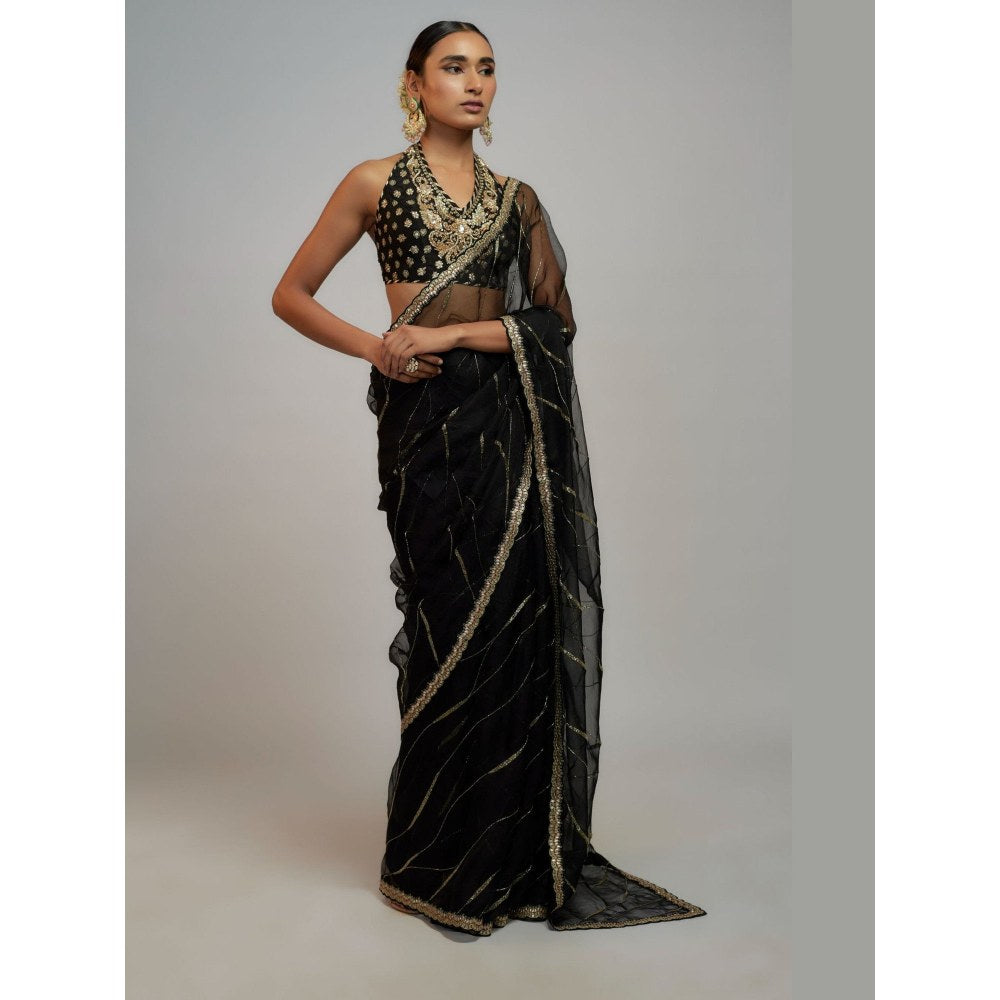 Gopi Vaid Black Golconda Rida Saree with Stitched Blouse