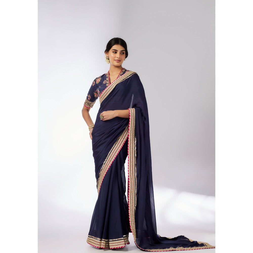 Gopi Vaid Navy Blue Anisha Embroider Saree with Stitched Blouse and Petticoat