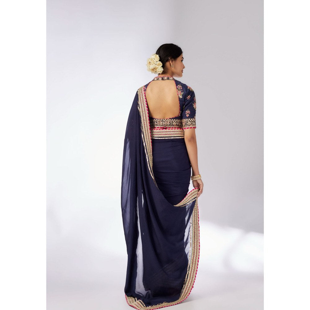 Gopi Vaid Navy Blue Anisha Embroider Saree with Stitched Blouse and Petticoat