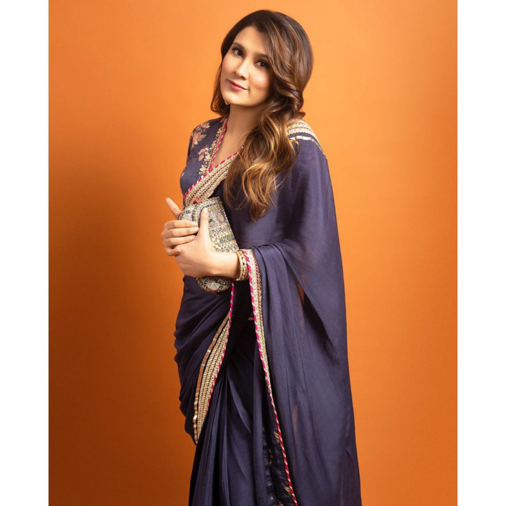 Gopi Vaid Navy Blue Anisha Embroider Saree with Stitched Blouse and Petticoat