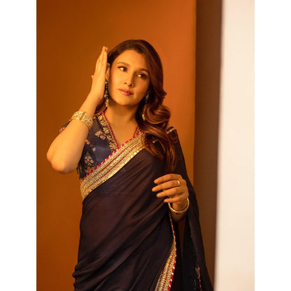 Gopi Vaid Navy Blue Anisha Embroider Saree with Stitched Blouse and Petticoat