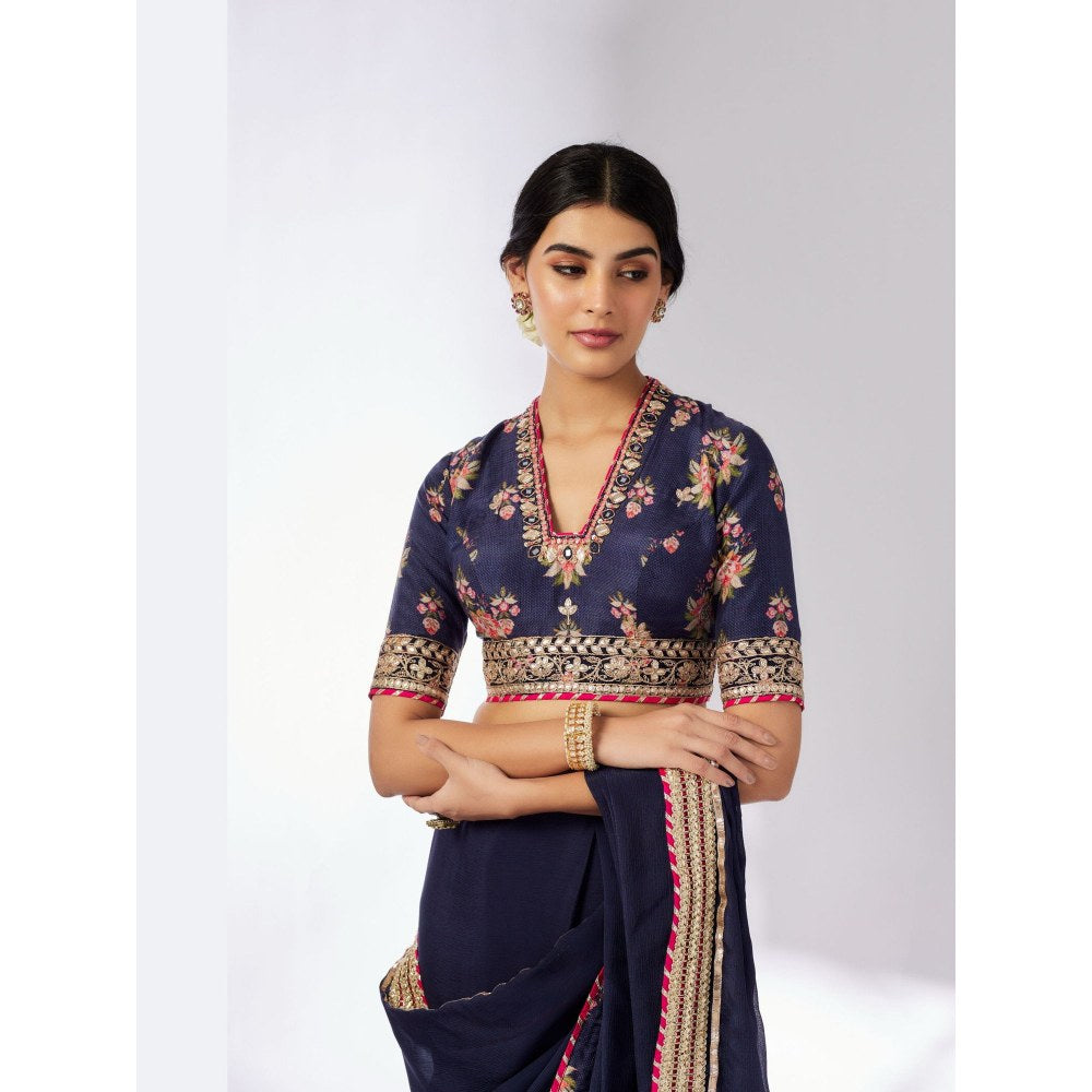 Gopi Vaid Navy Blue Anisha Embroider Saree with Stitched Blouse and Petticoat