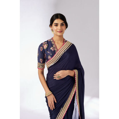 Gopi Vaid Navy Blue Anisha Embroider Saree with Stitched Blouse and Petticoat