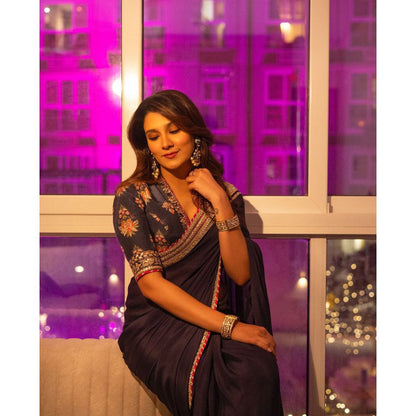 Gopi Vaid Navy Blue Anisha Embroider Saree with Stitched Blouse and Petticoat