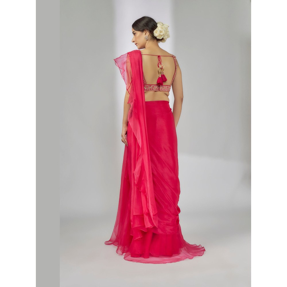 Gopi Vaid Pink Richa Ruffle Pre-Draped Saree with Stitched Blouse