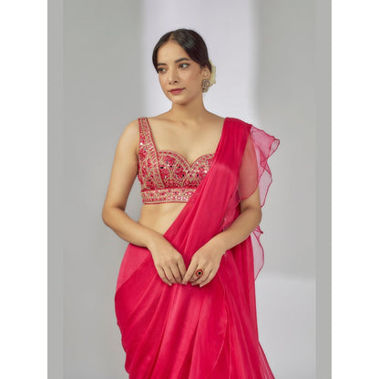 Gopi Vaid Pink Richa Ruffle Pre-Draped Saree with Stitched Blouse