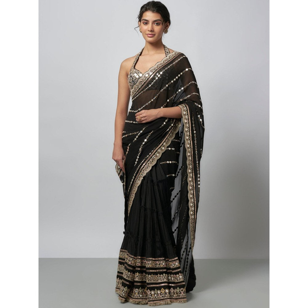 Gopi Vaid Black Aradhana Pre-Pleated Saree with Stitched Blouse