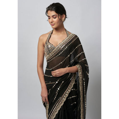 Gopi Vaid Black Aradhana Pre-Pleated Saree with Stitched Blouse