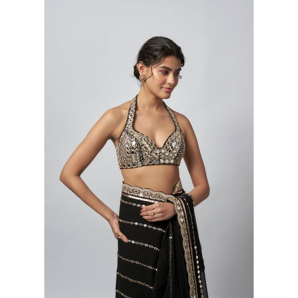 Gopi Vaid Black Aradhana Pre-Pleated Saree with Stitched Blouse