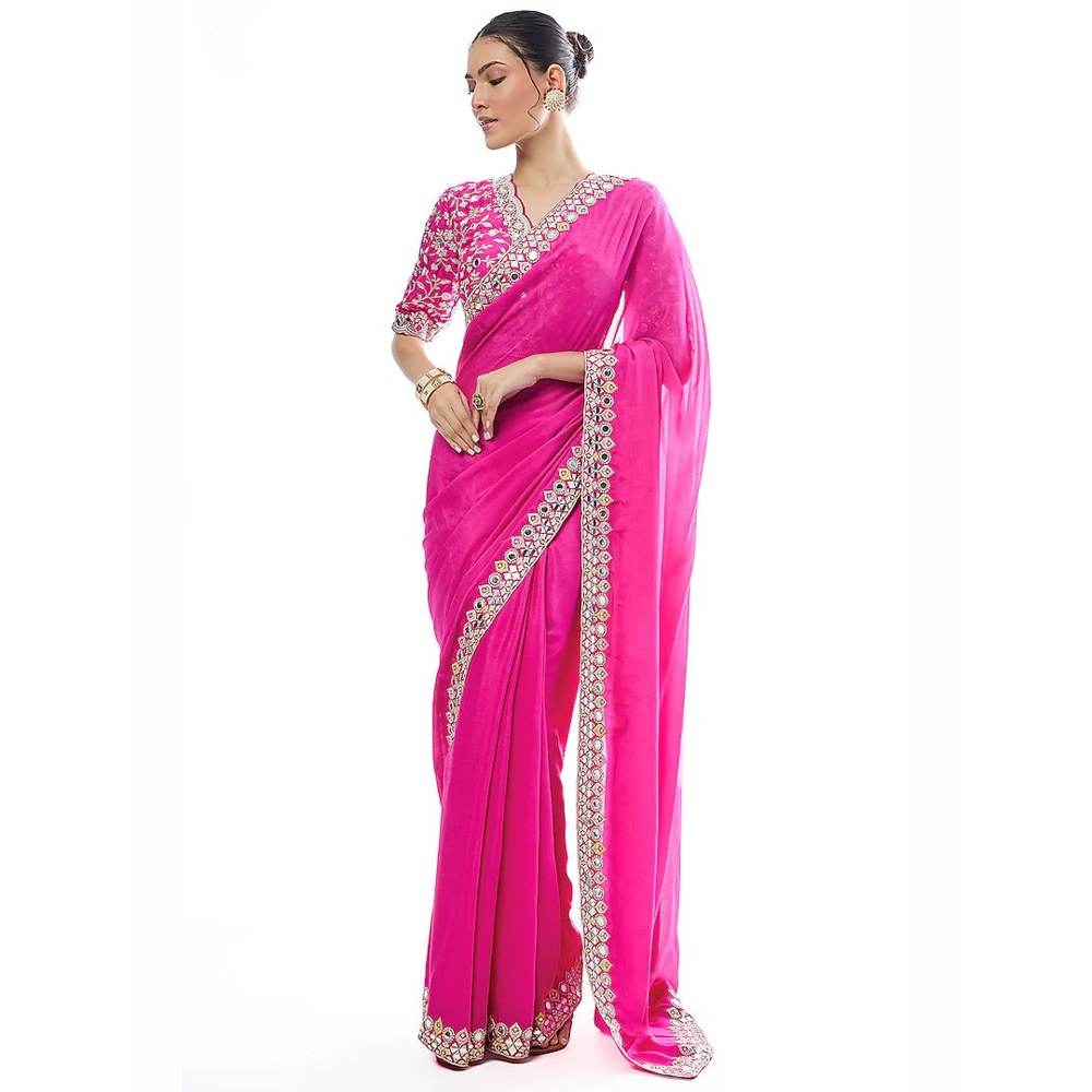 Gopi Vaid Rani Pink Meili Saree with Stitched Blouse