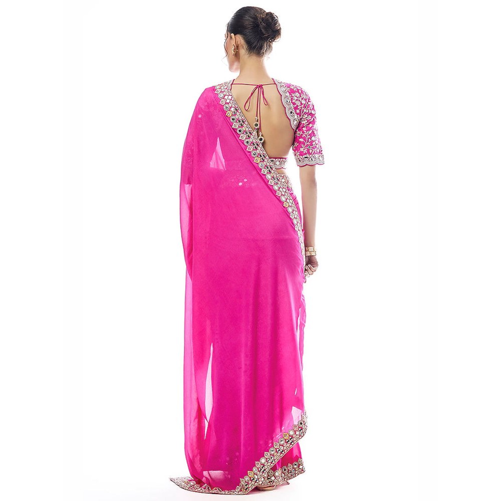 Gopi Vaid Rani Pink Meili Saree with Stitched Blouse