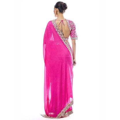 Gopi Vaid Rani Pink Meili Saree with Stitched Blouse