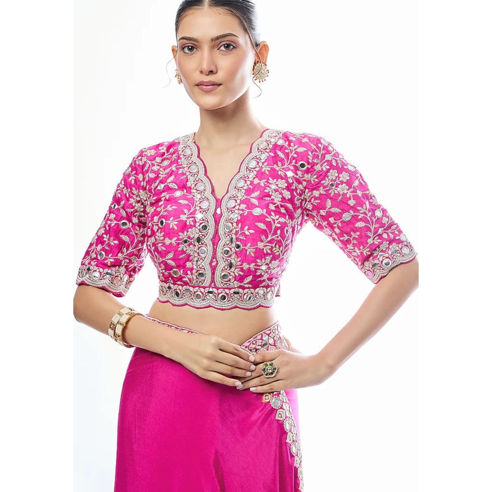 Gopi Vaid Rani Pink Meili Saree with Stitched Blouse