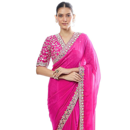 Gopi Vaid Rani Pink Meili Saree with Stitched Blouse