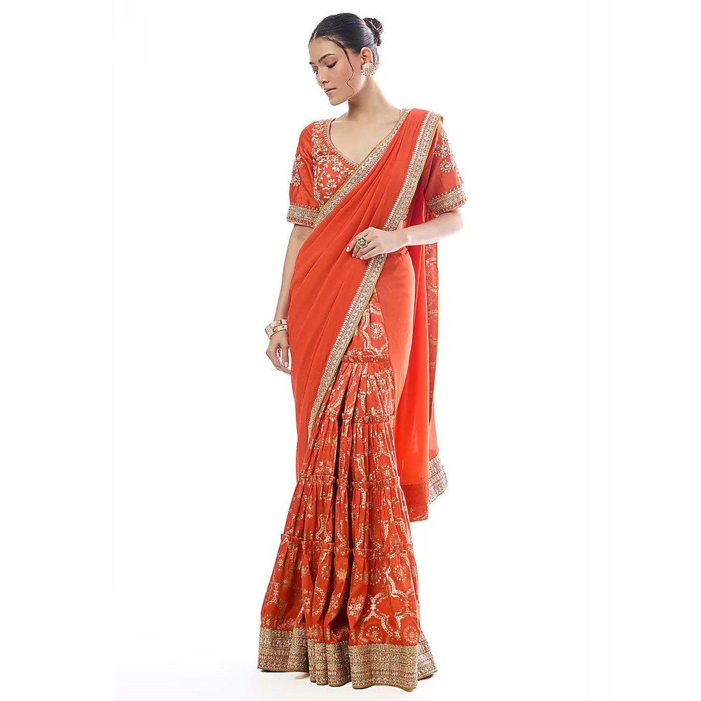 Gopi Vaid Orange Ruqqayah Saree with Stitched Blouse