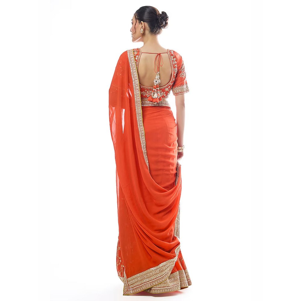 Gopi Vaid Orange Ruqqayah Saree with Stitched Blouse