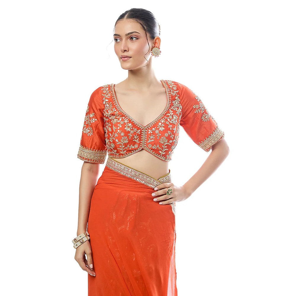 Gopi Vaid Orange Ruqqayah Saree with Stitched Blouse