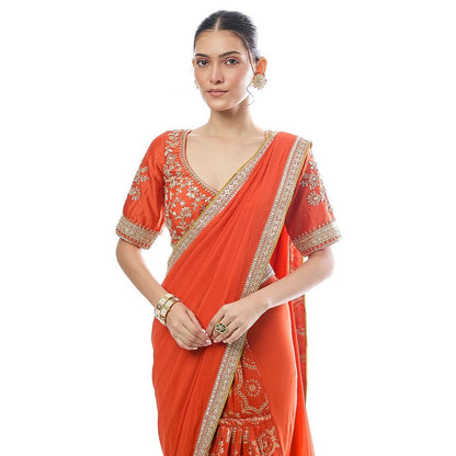 Gopi Vaid Orange Ruqqayah Saree with Stitched Blouse