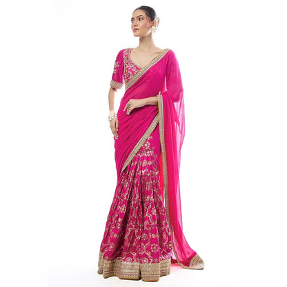 Gopi Vaid Pink Ruqqayah Saree with Stitched Blouse