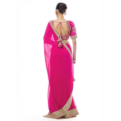 Gopi Vaid Pink Ruqqayah Saree with Stitched Blouse