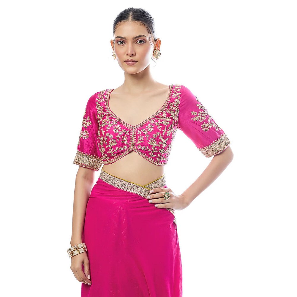 Gopi Vaid Pink Ruqqayah Saree with Stitched Blouse