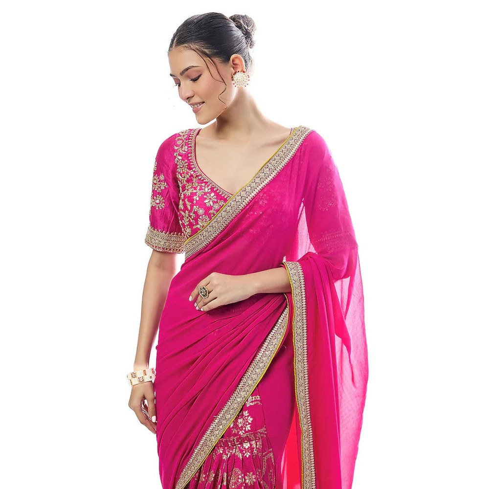 Gopi Vaid Pink Ruqqayah Saree with Stitched Blouse
