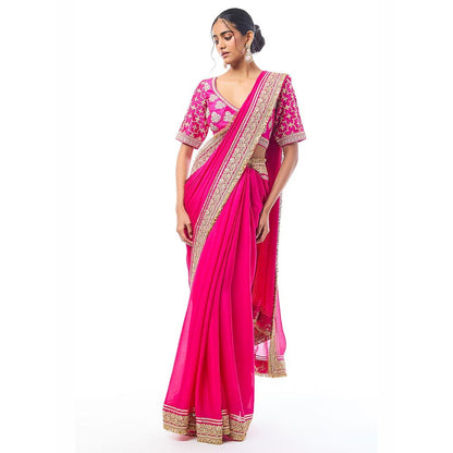 Gopi Vaid Pink Hunr Saree with Stitched Blouse
