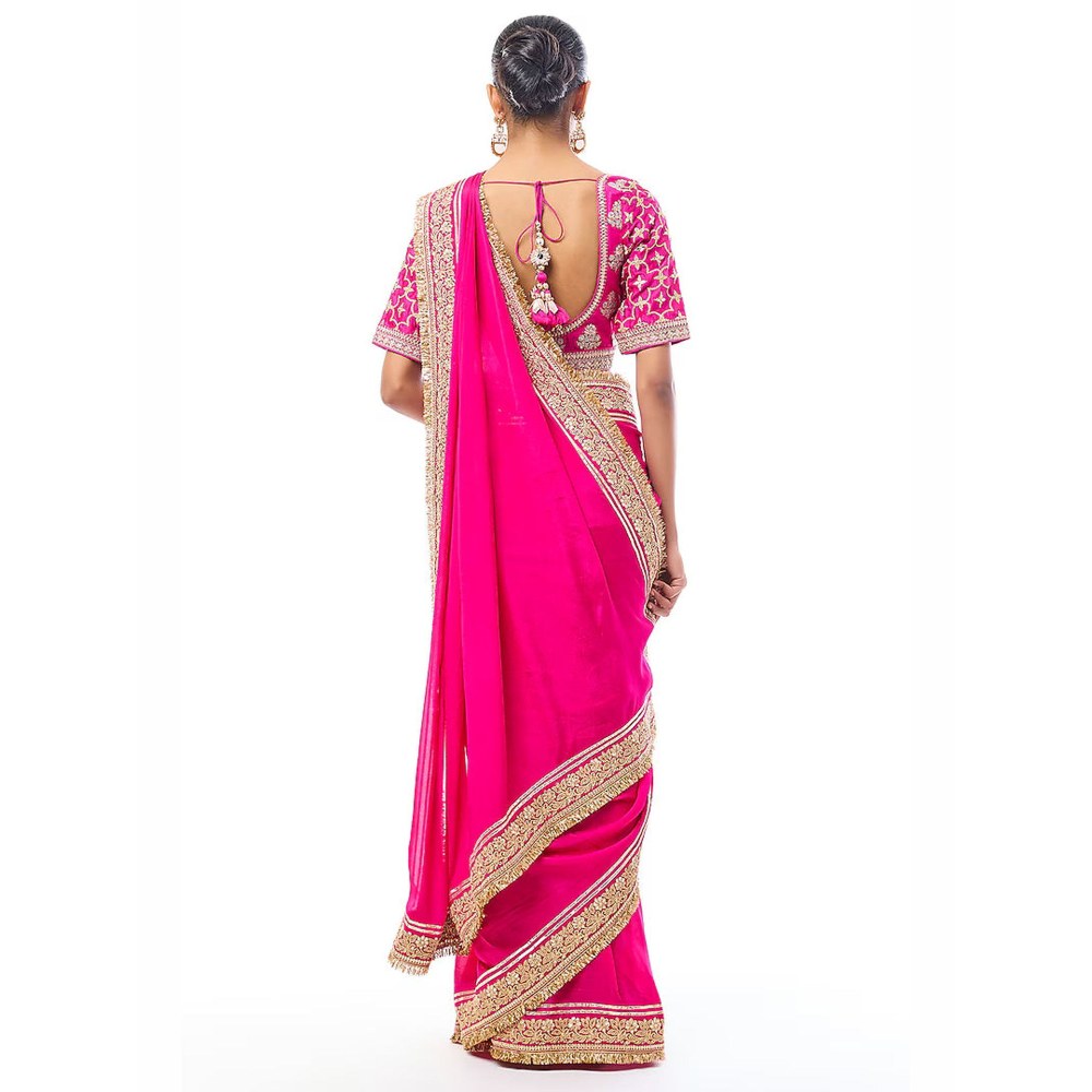 Gopi Vaid Pink Hunr Saree with Stitched Blouse