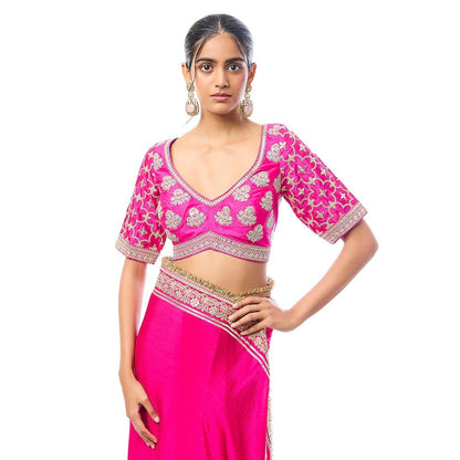 Gopi Vaid Pink Hunr Saree with Stitched Blouse
