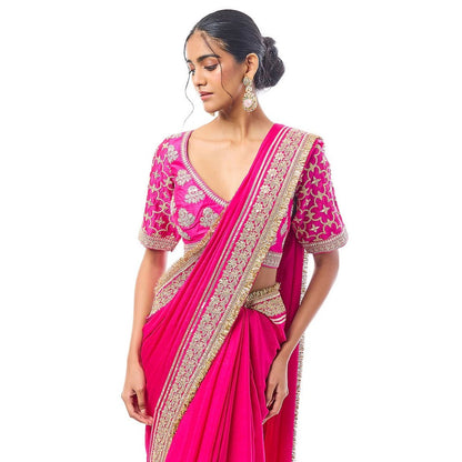 Gopi Vaid Pink Hunr Saree with Stitched Blouse