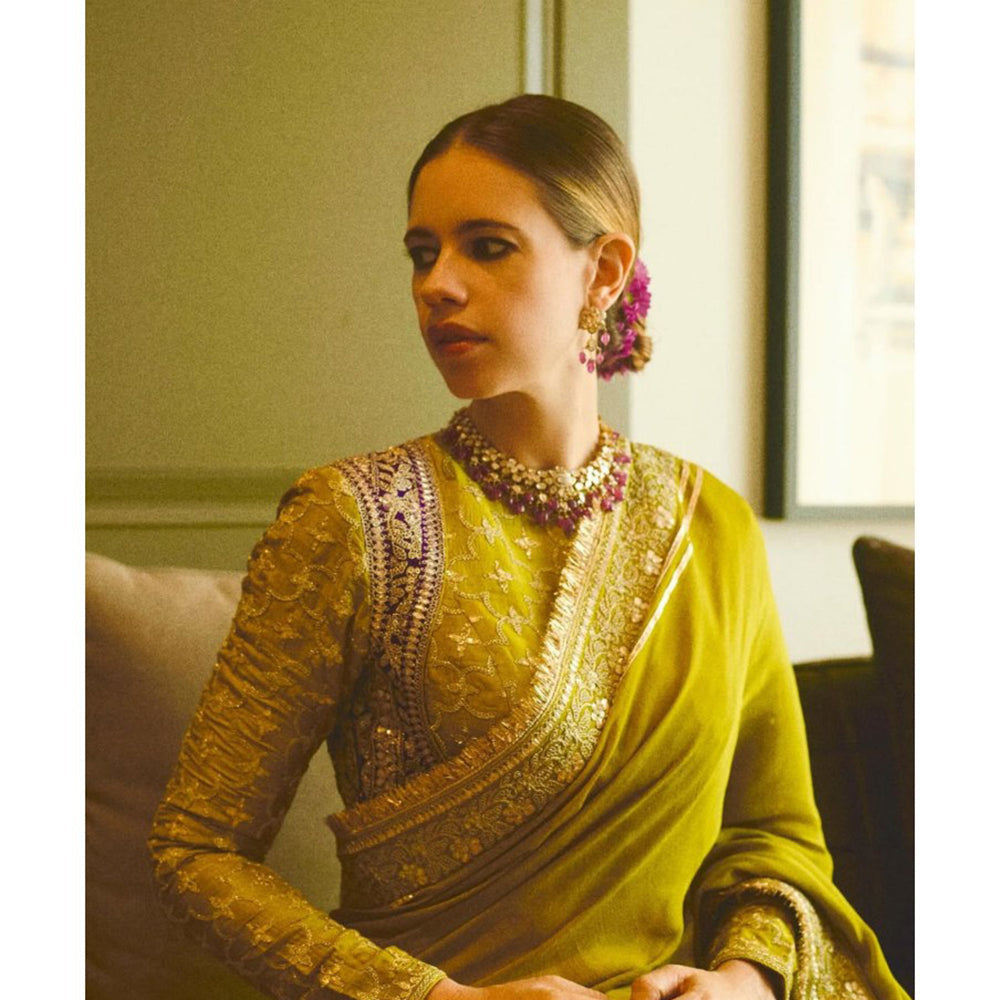 Gopi Vaid Green Kalki Koechlin In Nizaam Saree with Stitched Blouse
