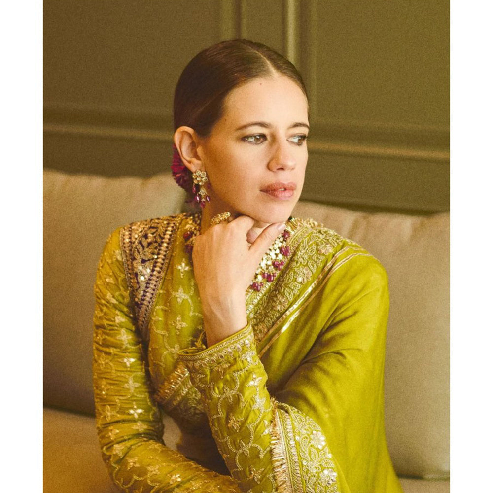 Gopi Vaid Green Kalki Koechlin In Nizaam Saree with Stitched Blouse