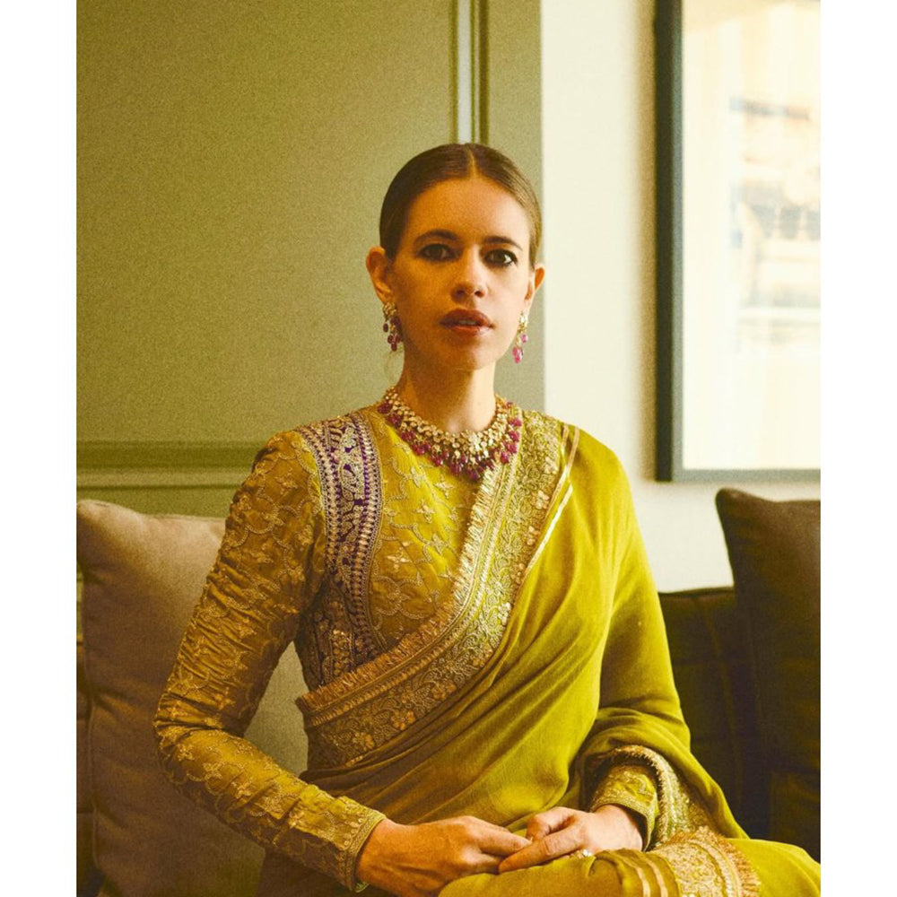 Gopi Vaid Green Kalki Koechlin In Nizaam Saree with Stitched Blouse