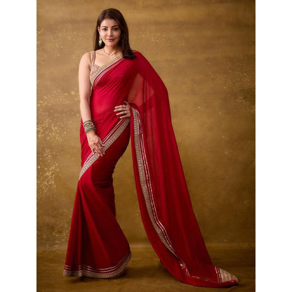 Gopi Vaid Red Kajal Aggarwal In Zohra Saree with Stitched Blouse